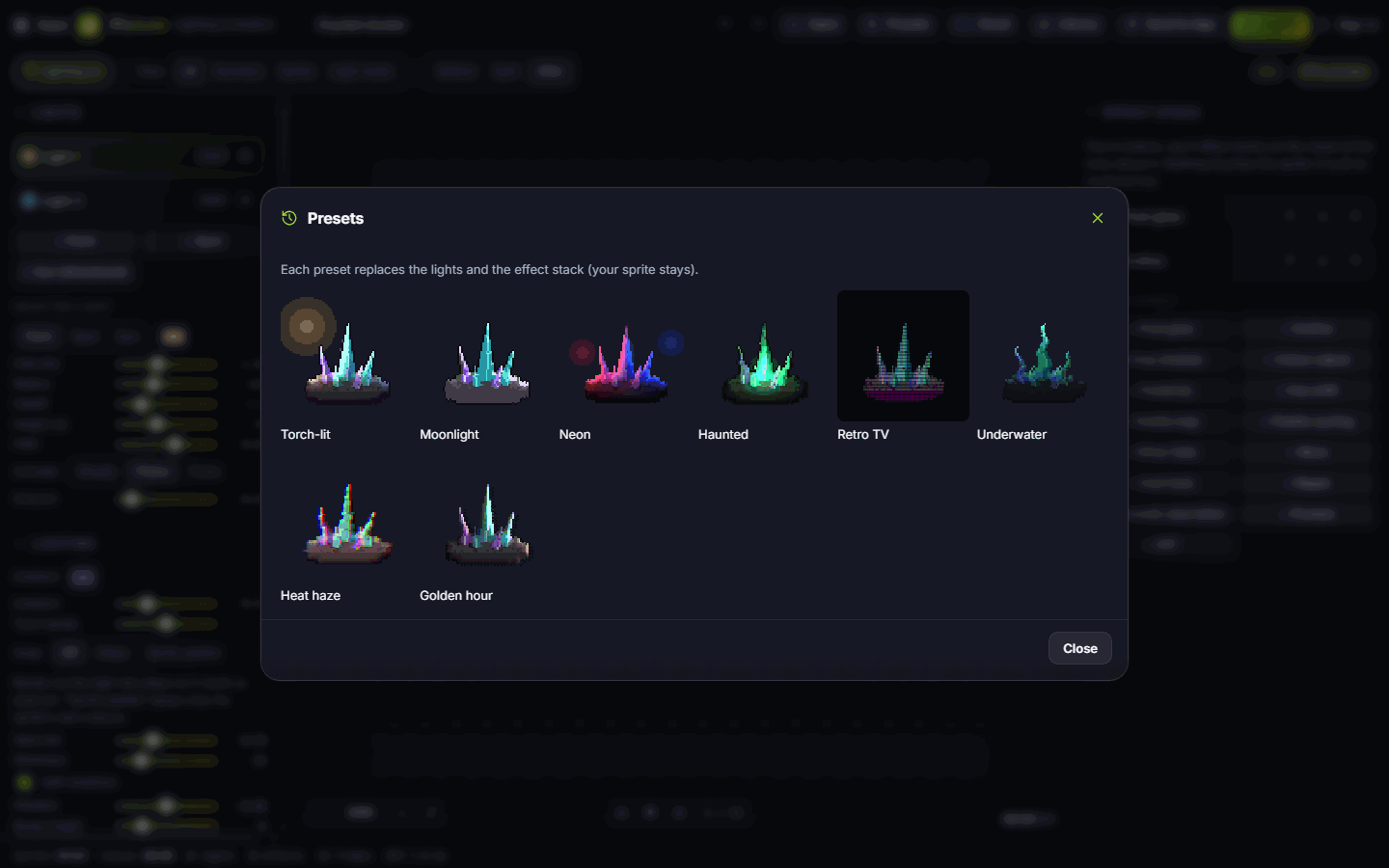 The Presets window showing all eight looks