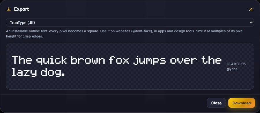 The Export window with a TrueType preview