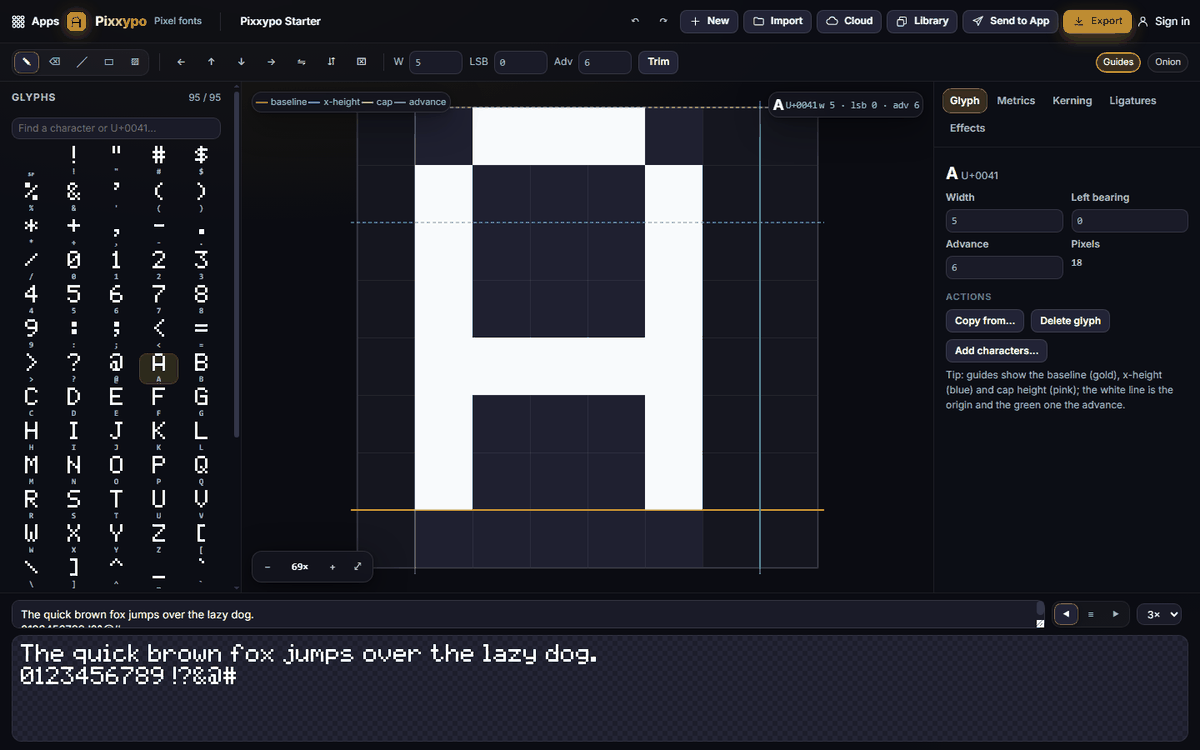 Pixxypo: the glyph list on the left, the letter A being edited in the middle, glyph settings on the right and the text preview at the bottom