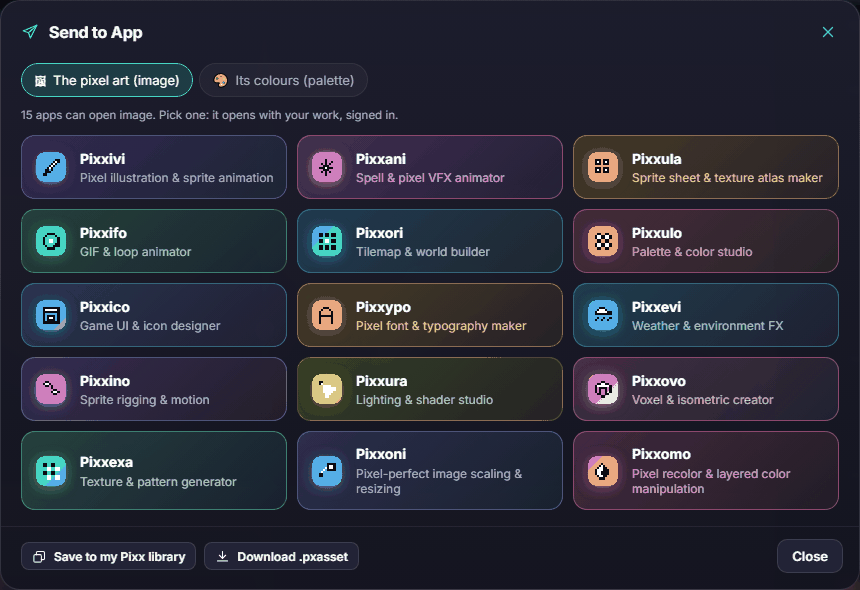 The Send to App window: choose what to send, then the app